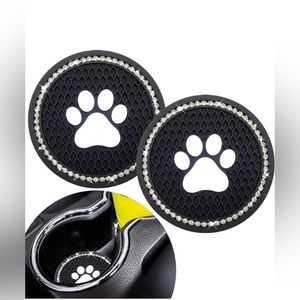 Paw Print Black and White Bling Rhinestone Car Coasters for Cup Holder 2 Pack